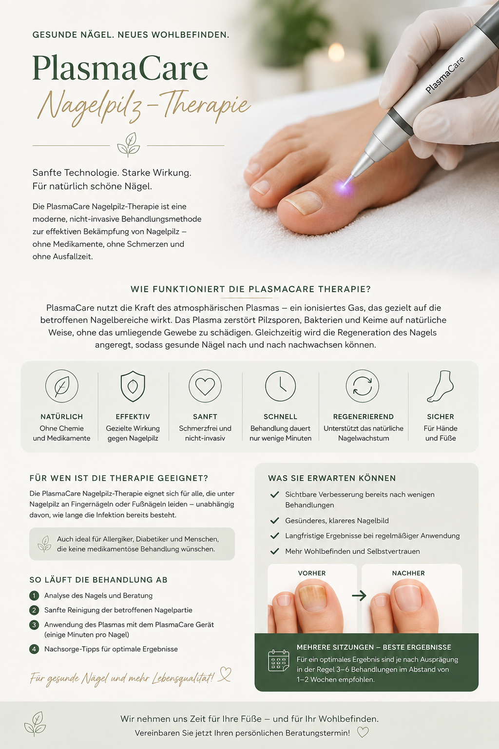 Infografik zur PlasmaCare Nagelpilz-Therapie: Wirkung, Ablauf und Vorteile